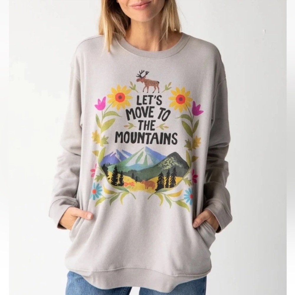 NATURAL LIFE Let’s Move To The Mountains Graphic Pocket Boho Sweatshirt XL NWT